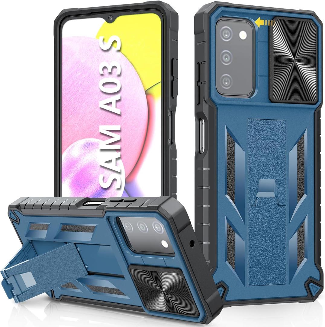 for Samsung Galaxy A03s Protective Case: Military Grade Drop Proof Full Protection Phone Cover with Kickstand | Rugged Shockproof TPU Bumper Matte Textured Tough Mobile Shell (Dark Blue)