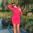 CCTOO Womens Sexy Ruched Bodycon Dress 3D Flower Long Sleeve Half-high Collar Club Party Mini Fitted Dress (XL)