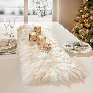 Table Runner, Thanksgiving Modern Small White Fur Table Runners for Party Birthday Christmas Friendsgiving Wedding Dinning Table, Decorative Rug Luxury Faux Fur Runner for Table(11.8x47.2inch)