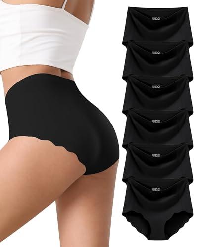 NESBRE Seamless Underwear for Women Tummy Control High Waisted Panties No Show Wave Edge Briefs Full Coverage Hipster 6 Pack Black, S