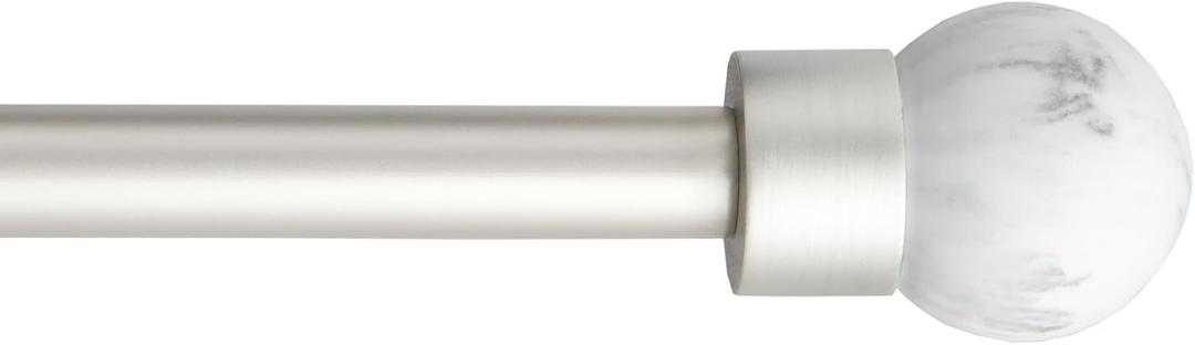 TOWN & COUNTRY LUXE Marbled Sphere Single Indoor Curtain Rod and Finial Set, Natural Marble Stone Look, Easy Install Wall Mount, Matte Silver, Adjustable 36-72