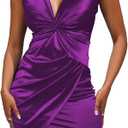 FairyLove Women's Elegant Empire Waist Long Sleeve Wedding Guest Party Cocktail Bodycon Irregular Satin Dresses (Purple-16)