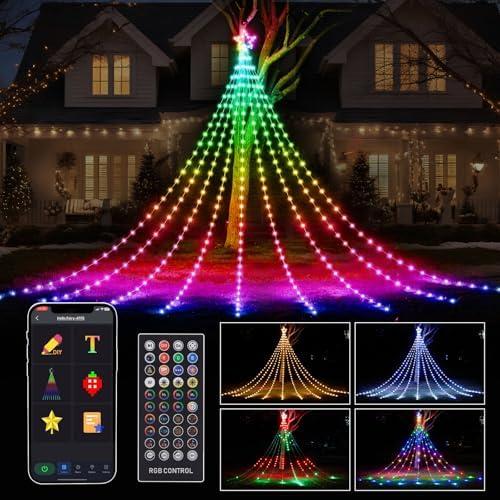 FANCILLUMA 16.4 FT Christmas Decorations Outdoor Star String Lights,Smart APP Remote Control RGB Color Changing DIY 317 LED Waterfall Lights for Garden Yard Outdoor Xmas Decorations