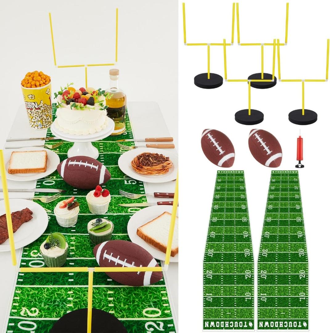 9 Pcs Football Party Goal Post Decoration Kit Includes 4 Football Field Goal Post 2 Football Court Table Runner 2 Mini Football 1 Pump for Football Theme Birthday Party Supplies