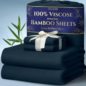 DECOLURE 100% Viscose Derived from Bamboo Sheets Full Size 4pcs - Ultra Soft & Luxuriously Cooling, 17" Deep Pocket, Double Stitching, Perfect for Hot Sleepers - Full Bed Sheets (Navy Blue)