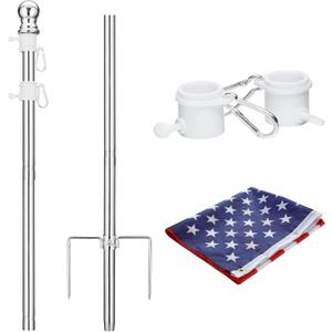 BsBsBest Flag Poles for Outside in Ground, 8.2FT Telescoping Flag Pole Kit for Yard with 35FT American Flag, Stainless Steel Portable Residential Flag Pole with 35FT American Flag for HouseSilver