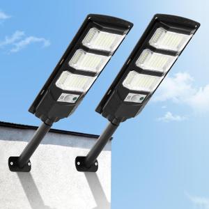 Solar Street Lights Outdoor 2 Pack, 6500K Wide Angle LED Solar Flood Lights with Motion Sensor & Remote, Dusk to Dawn Wall Mount Waterproof Street Light for Yard Parking Area Lighting