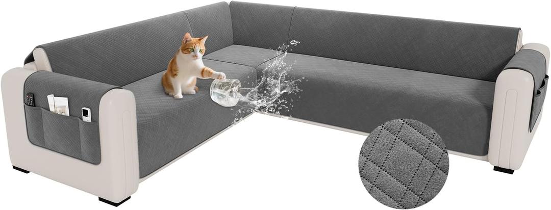 YUEVELLA Waterproof L Shaped Couch Cover for Sectional Sofa Velvet Quilted Corner Sofa Cover L Shape Furniture Protector Slipcover Set with Non Slip Straps for Pets Dogs Kids (X-Large, Dark Grey)