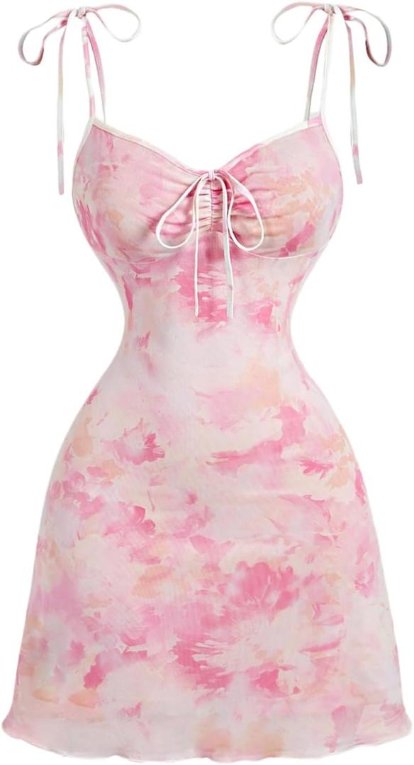 WDIRARA Women's Tie Dye Mini Cami Dress Boho Tie Shoulder Sleeveless Dresses (Medium, Pink)