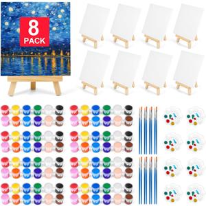 8 Pack 8 * 10In Canvas Boards for Painting, Art Canvas for Drawing with 16 Brushes & 8 Paint Trays & 16 Acrylic Paint, Mini Painting Canvas with Easel Set, Painting Kits for Adults Party, 8x10inches