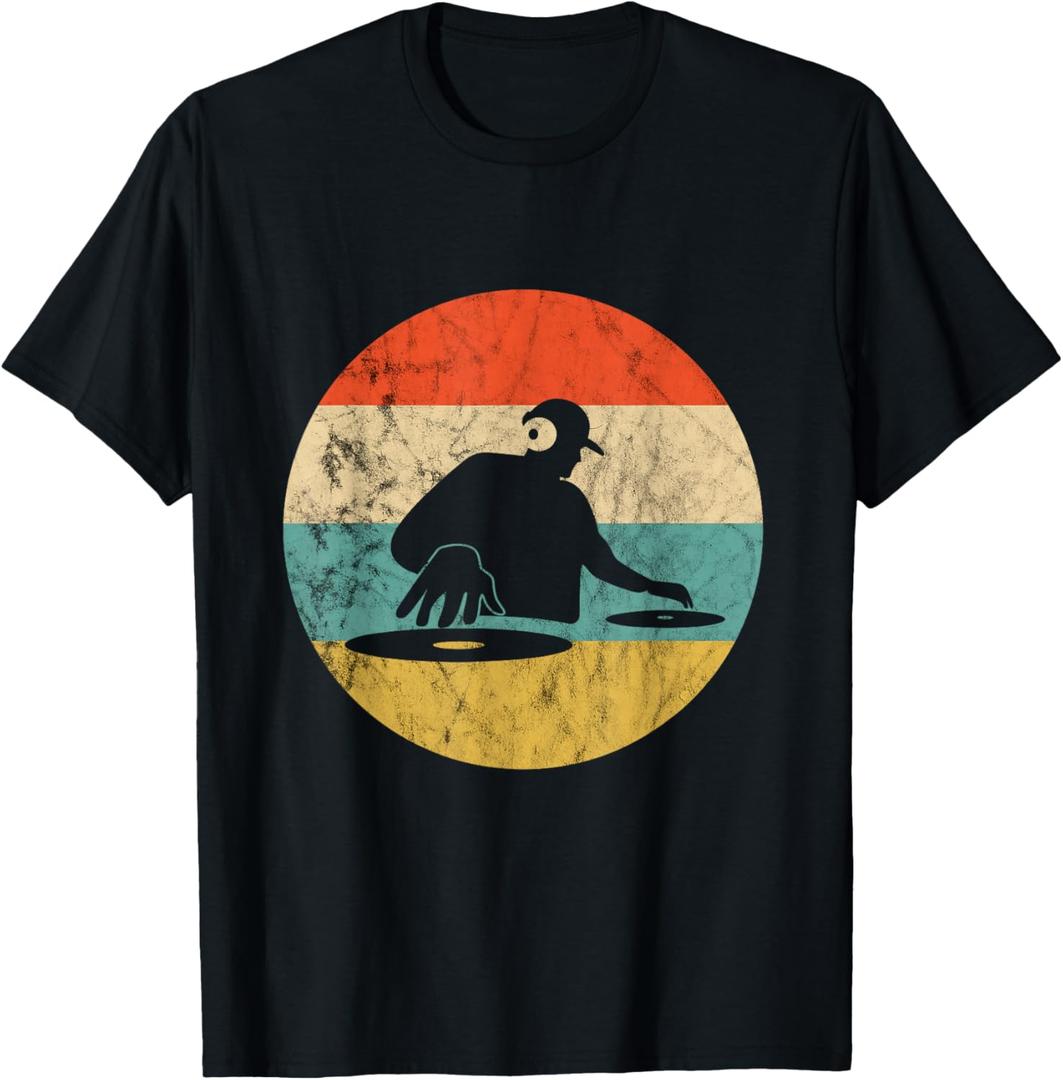 Turntable Beatmaker EDM Techno DJ Disc Retro Vintage Sunset T-Shirt (XL, Black)