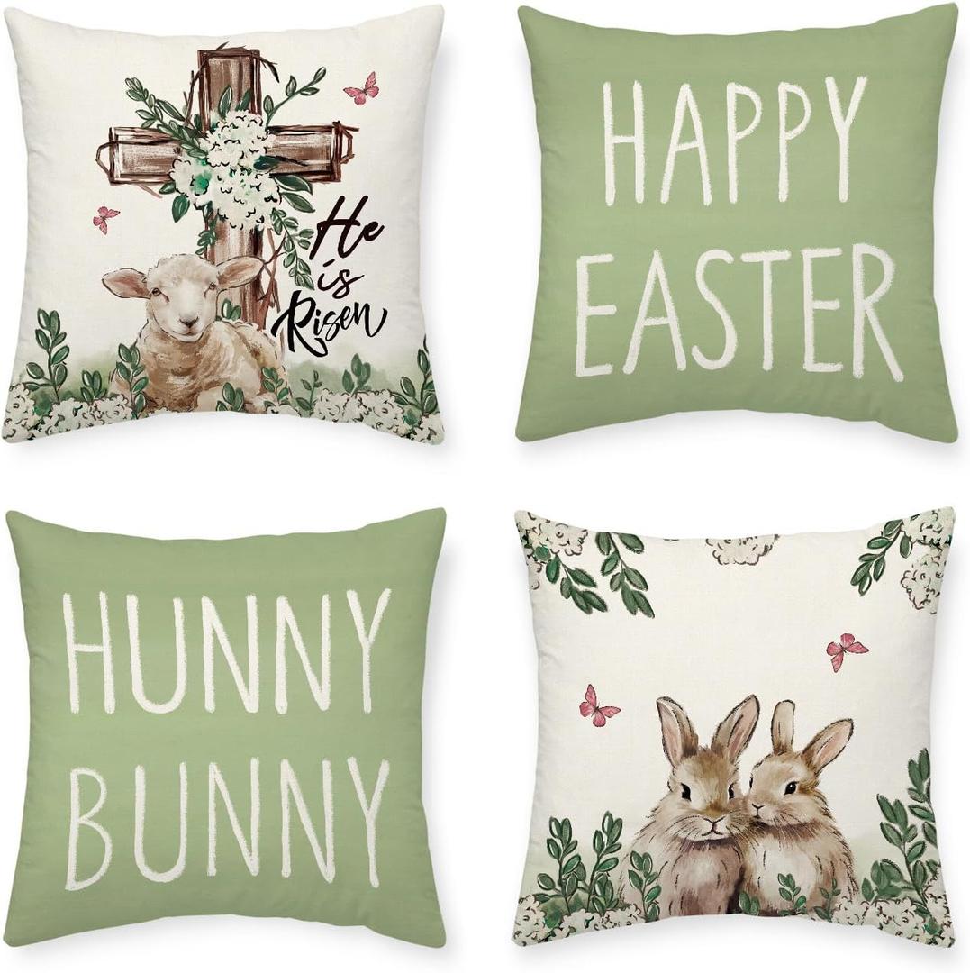 Happy Easter Bunny Pillow Covers Cross Hydrangeas Flower 18 x 18 Inch Throw Pillows, Spring Anniversary Celebration Seasonal Decorative Farmhouse Cushion Case for Sofa Couch Set of 4