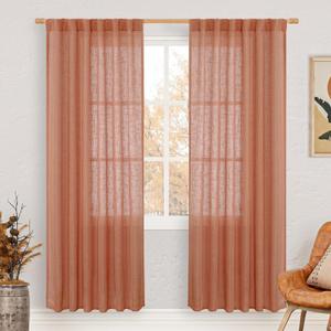 LAMIT Terracotta Linen Boho Curtains 80 inch Length, Light Filtering Semi Sheer Panels Back Tab and Rod Pocket Neutral Panels for Bedroom/Living Room, 52 x 80 Inch