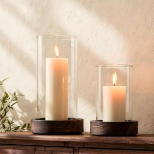 Ronasip Set of 2 Hurricane Candle Holders with Wood Base & Glass Cylinder (4.2x5.9 & 4.6x7.8) Rustic Wooden Candle Holders for Home Decor, Weddings, Table Centerpieces (2, Brown)
