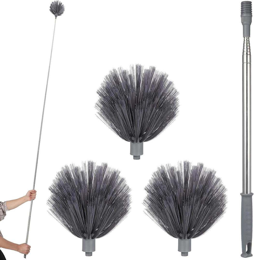 PRETYZOOM Extendable Cobweb Duster with Telescoping Pole and 3 Cleaning Heads, Lightweight Spider Web for High Ceilings, Indoor and Outdoor Use, 94.48 Inch