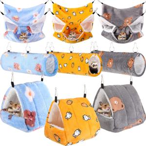 Abbylike 9 Pieces Rat Hammock Guinea Pig Ferret Hammocks Small Pet Hanging Tunnel Glider Toy Guinea Pig Ferret Hideout Bed Cage Accessories for Hamster(Yellow, Grey, Blue,Bear)
