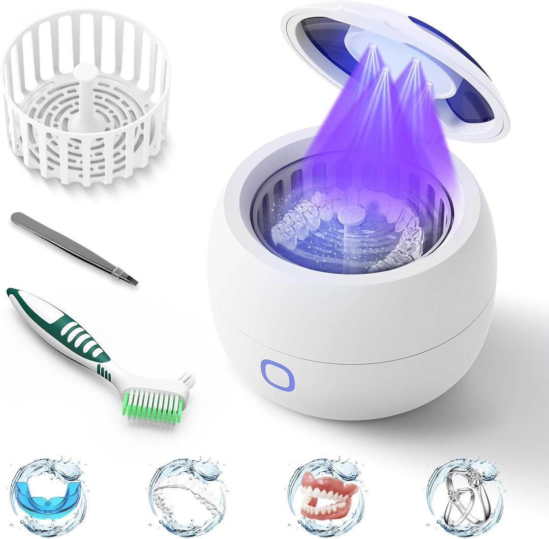 2025 Ultrasonic Retainer Cleaner Machine  45kHz Retainer Cleaner for Night Guards, Mouth Guards, Dentures  24W Dental Ultrasonic Cleaner with 4 Modes, 200ML  Great Gift for Braces Users (white)