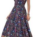 Women's 2025 Summer Short Sleeves Boho Floral Print Tiered Casual Flowy Long Maxi Dress Small, Dark Bue 
