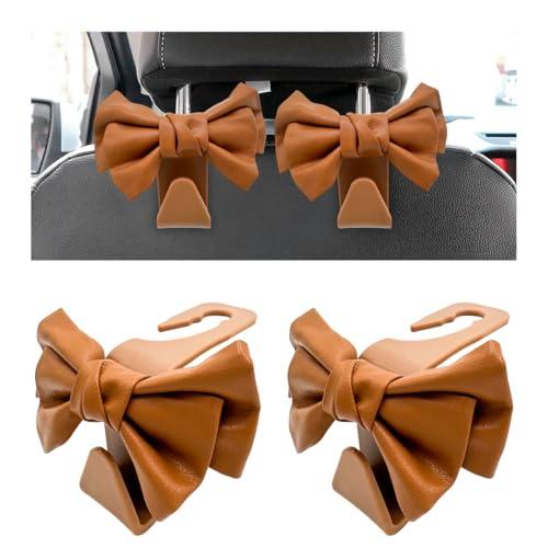 NYTKL 2 PCS Car Seat Headrest Hooks, Cute Bow Shaped Vehicle Backseat Purse Holder Storage Hook, Bow Knot Seat Back Hooks Hanging Organizer for Coat Umbrellas Grocery Bag (Brown)