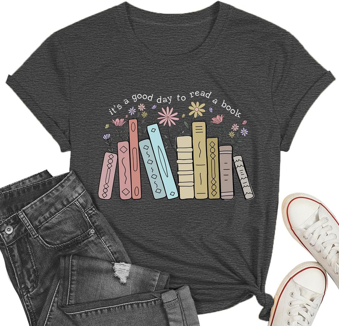 PQZ Women's Book Lover T-Shirt - White, Loose Fit, Short Sleeve, Crew Neck - S, M, L, XL, XXL (Grey1)