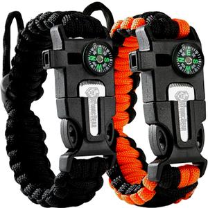 Atomic Bear Paracord Bracelet (2 Pack) - Adjustable - Fire Starter - Loud Whistle - Perfect for Hiking, Camping, Fishing and Hunting - Black & Black+Orange
