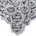 IPOPU Silver Roses Artificial Flowers,50pcs Glitter Flowers Fake Foam Roses with Stem for DIY Wedding Bridal Bouquet Home Party Christmas Decoration(Silver)