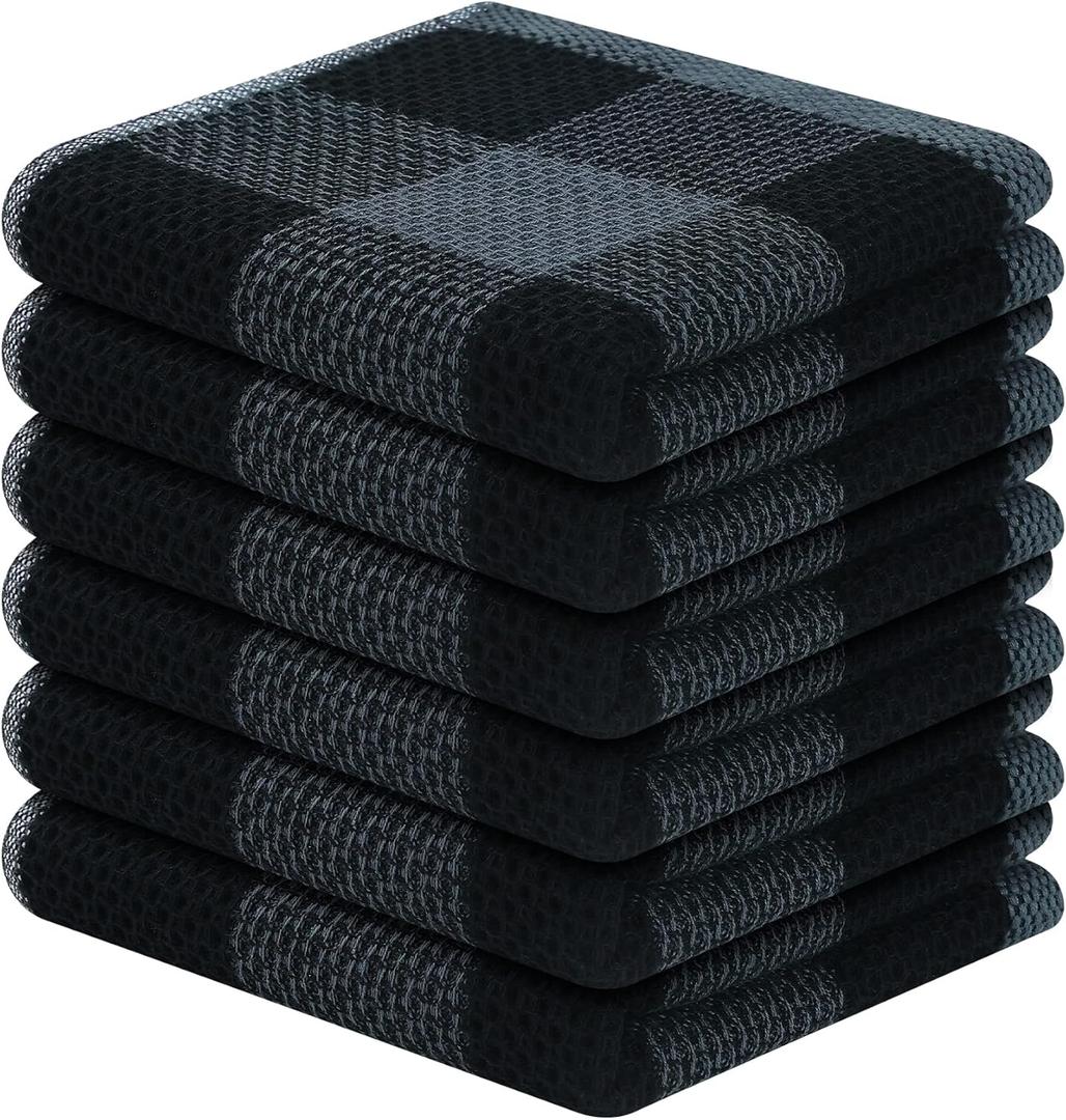 Homaxy 100% Cotton Waffle Weave Check Plaid Dish Cloths, 12 x 12 Inches, Super Soft and Absorbent Dish Towels Quick Drying Dish Rags, 6-Pack, Black & Grey