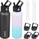 BJPKPK 2 Pack Insulated Water Bottles with Straw Lids, 40oz Stainless Steel Metal Water Bottle with 6 Lids, Leak Proof BPA Free Jugs, Cups, Flasks for Travel, Sports (Lavender Green+Black)
