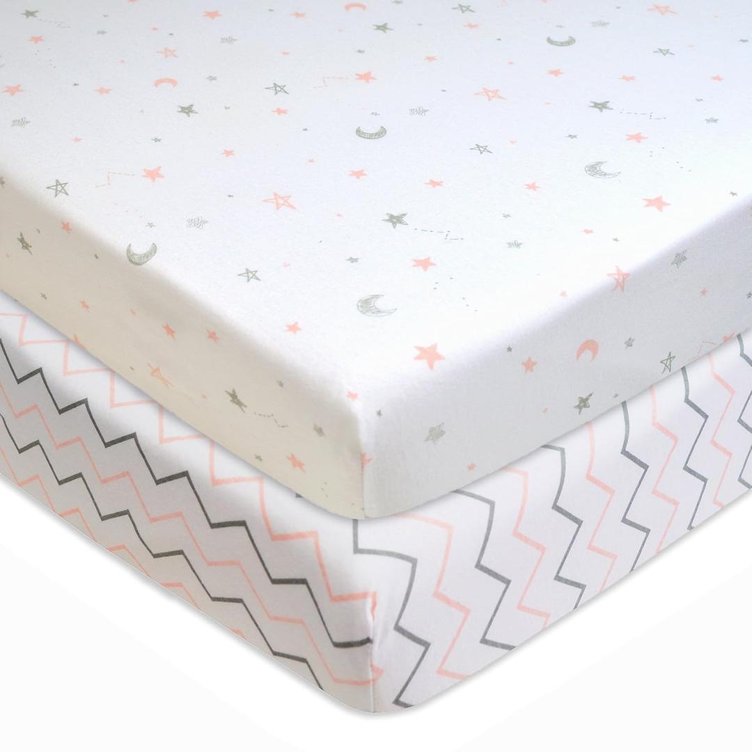 American Baby Company 2 Pack 100% Natural Cotton Fitted Mini Crib Sheets 38" x 24" - Soft & Breathable Small Nesting Portable Sheets, Fits Pack N Play Mattresses, Pink Stars/Zigzag, for Boys & Girls
