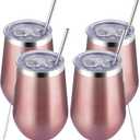 MEWAY Stainless Steel Wine Tumbler with Lid and Straw 12oz - Stemless Insulated Wine Cup Glasses for Coffee, Cocktails, Drinks, Champagne and Office Use, Ideal for Parties and Gifts (Rose Gold, Set of 4)