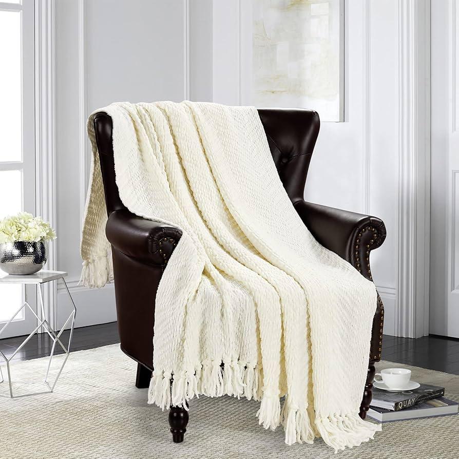 HOMEIDEAS Warm Tassel Knit Blanket Throw Size for Couch Sofa Bed, Cream Thick Knitted Armchair Office Chair Throw Blankets, Winter Chunky Blankets (50x60)