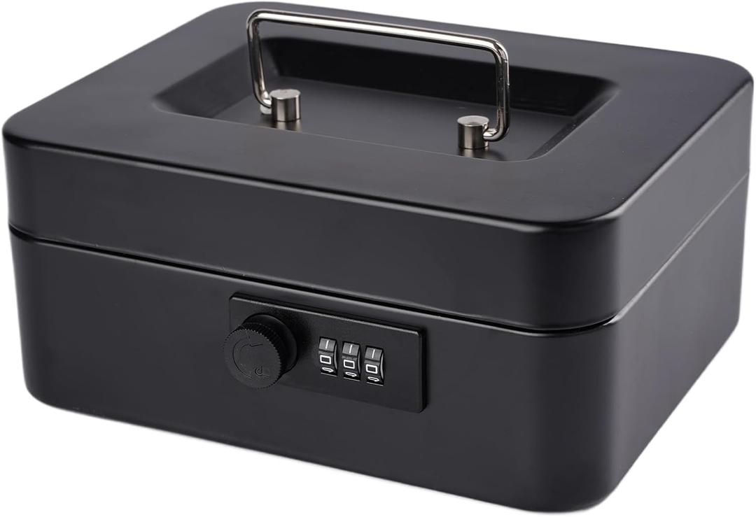 Cash Box with Money Tray and Combination Lock Metal Money Box for Cash Lock Box for Money 7.87" x 6.3" x 3.54" Black (Medium)