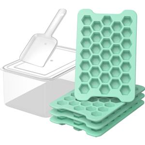 Mini Ice Cube Tray for Freezer: Small Plastic Ice Cubes Trays for Freezer with Box - Easy Release Stackable Mini Ice Cube Maker - Nugget Ice Trays for Freezer with Ice Container (Green)