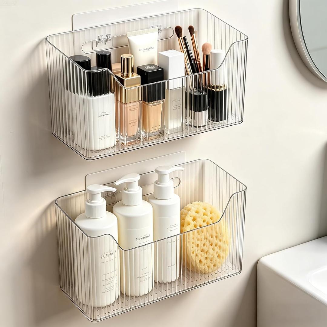Lae Nuvole TwoPacks Cabinet Door Organizer Wall Mounted Shower Basket, Shower Caddy Stackable Plastic Adhesive Organizer for Bathroom, Kitchen, Cabinet, Pantry, Makeup, BPA Free, Clear