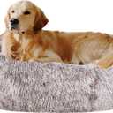 Coohom Oval Calming Donut Cuddler Dog Bed, Shag Faux Fur Cat Bed Washable Round Pillow Pet Bed(30"/36"/43") for Medium Dogs (XL(36"x27"x7"),Light Brown)