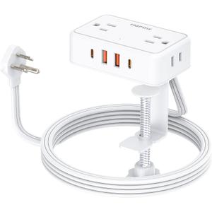 Desk Clamp Power Strip, Desktop Mount Charging Station with 4 Outlets 4 USB Ports (2 USB C), 10Ft Under Desk Power Strip, Fits 2.75" Tabletop Edge, Extension Cord for Home Office, White