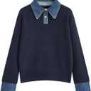 hathne Women's Oversized Polo Sweater Button Up Denim Lapel Pullover Sweater Long Sleeve Collared Knit Top (Navy Blue) Small