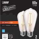 Feit Electric ST19 Vintage Edison LED Light Bulb, 60W Equivalent, Dimmable, 2700K Soft White, 800 Lumens, E26 Base, Retro Filament Light Bulbs, 15,000-Hour Lifetime, ST1960/CL/927CA/2, 2 Pack
