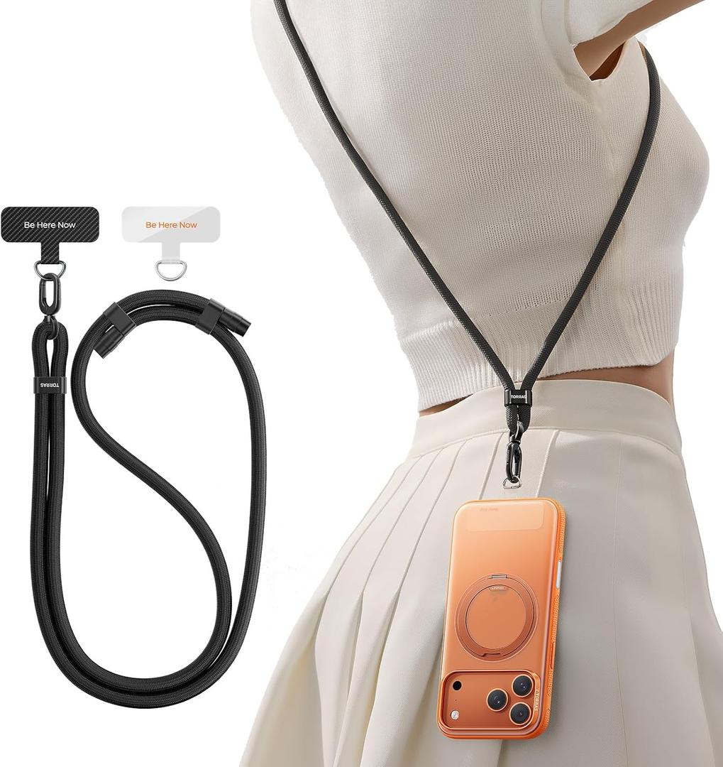 TORRAS Phone Lanyard Crossbody with 2 Phone Tabs, Adjustable Anti Theft Phone Strap for All Phones, Premium Metal Buckles, SkinFriendly, Universal Cell Phone Neck lanyard for Travel Essentials, Black