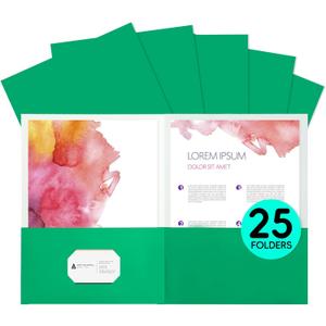 25Pcs Green Folders with Pockets,2 Pocket Folders Bulk,Holds 100 Sheets (50 per Pocket),Assorted Colors,Office Or School
