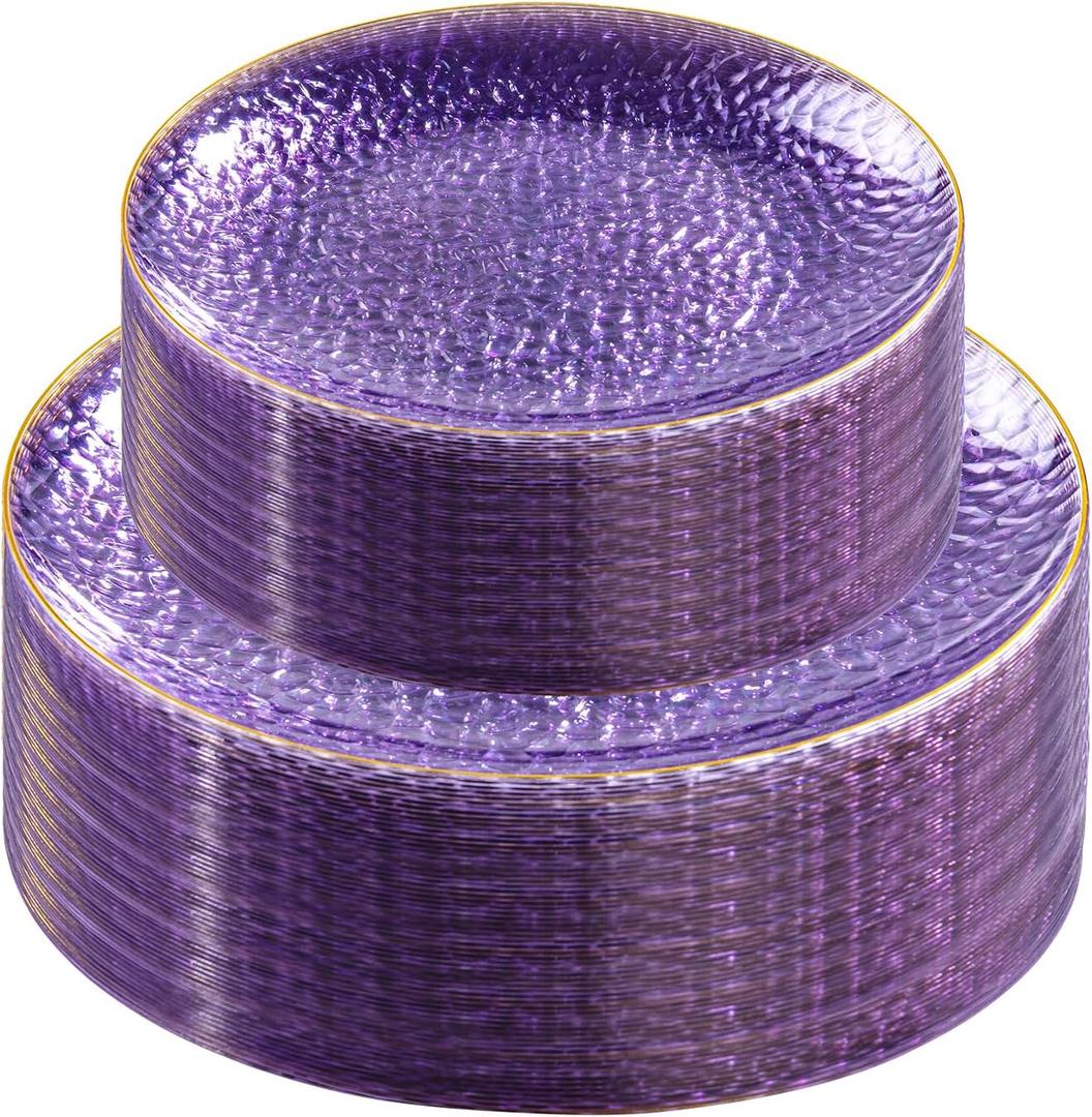 Rubtlamp 60Pcs Clear Purple Gold Plastic Plates, Purple Disposable Plates With Gold Rim, Hammered Plastic Plates Include 30 Clear Dessert Plates, 30 Dinner Plates for Party