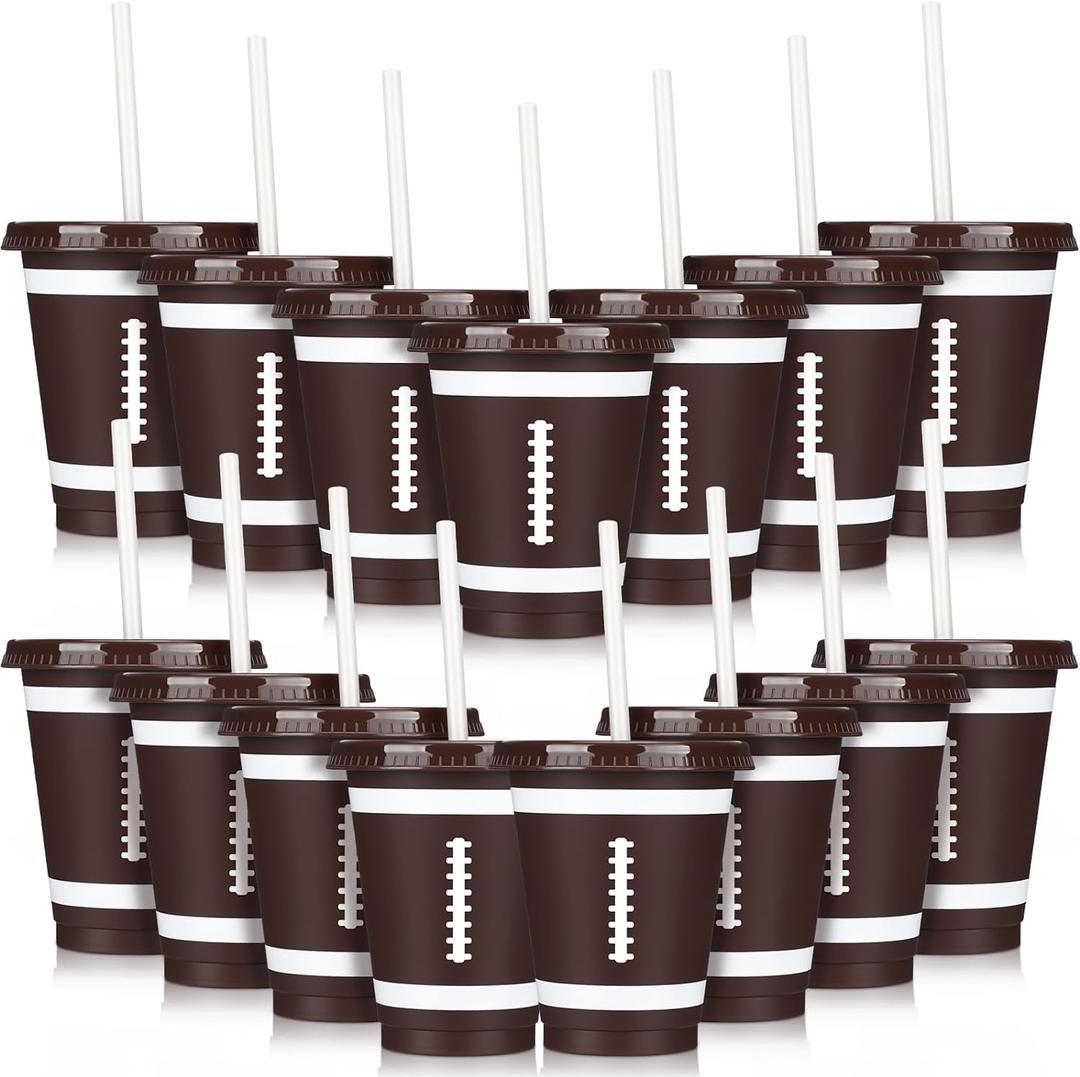 Domensi 20 Pieces Football Plastic Cups with Lid and Straw Reusable Tumbler Party Plastic Cups 16 oz Disposable Party Favors for Tailgate Sports Football Themed Birthday