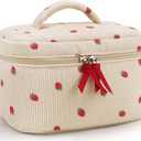 Prite Corduroy Large Travel Quilted Makeup Bag for Women Floral Cotton Cosmetic Bag Coquette Aesthetic Floral Toiletry Organizer Bag(Strawberry)