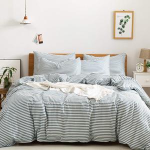 JELLYMONI 100% Natural Cotton 3pcs Striped Duvet Cover Sets,White Duvet Cover with Grayish Blue Stripes Pattern Printed Comforter Cover,with Zipper Closure & Corner Ties(Full Size)