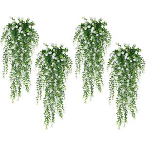 SJL 4pcs Fake Hanging Plants Realistic Artificial Outdoor Flowers Hanging Greenery Artificial Ivy Vine Leaves Faux Green Plastic Plants Greenery Flowers Green Leaf Decor for Wall Home (White)