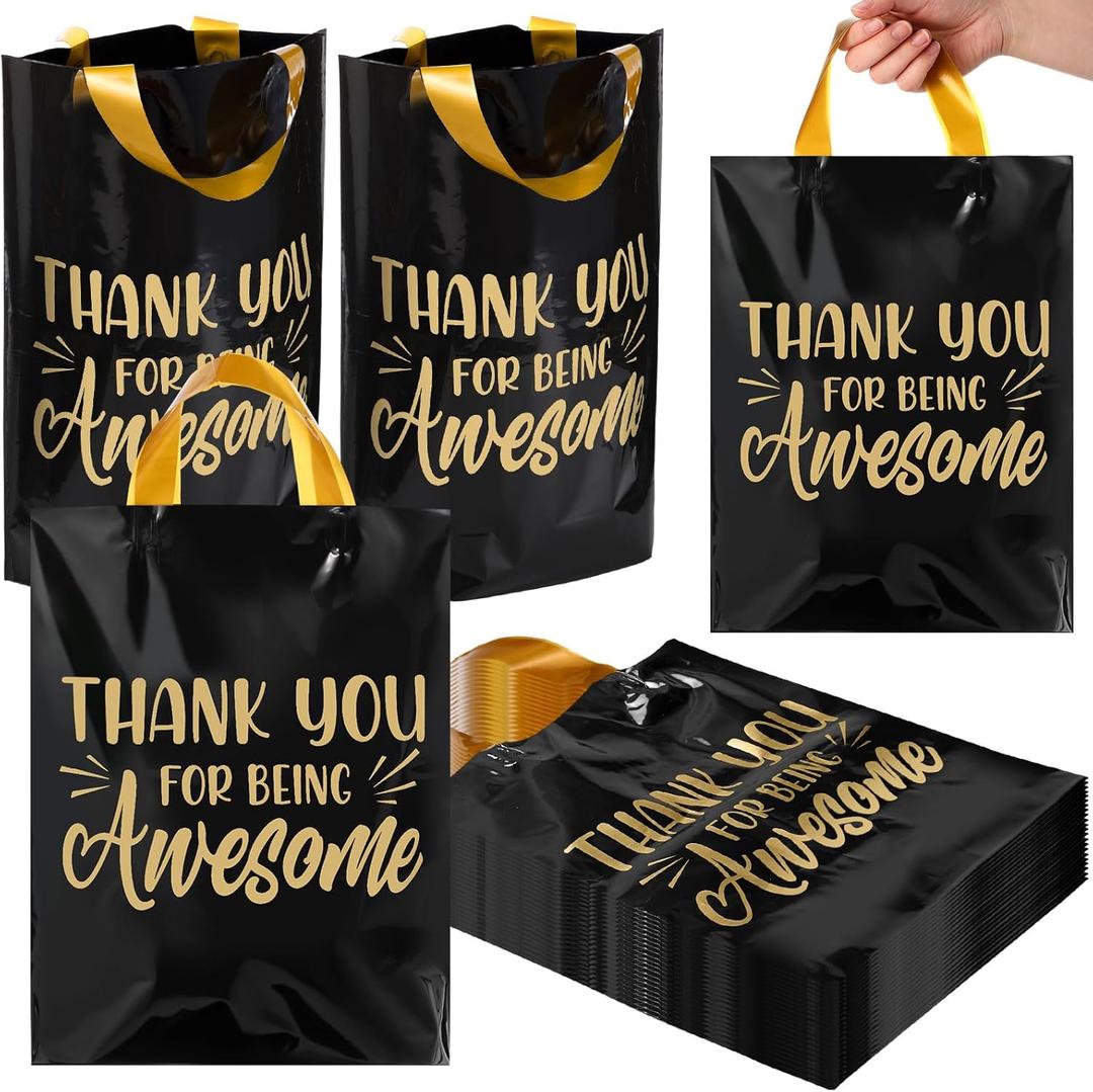 Kolldenn 50 Pcs Graduation/thank You Gifts Bags Employee Appreciation Goodie Bags with Handles Congrats Grad Reusable Plastic Party Favors for Gift Wrapping(Black Gold,Thank You for Being Awesome)