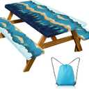 Picnic Table Cover with Bench Covers - Camping Essentials Camping Table Cover with Elastic Edges & Drawstring Bag, Fitted Rectangle Tables and Seats for 6-Foot Outdoor, 30x72 Inches, Blue Green