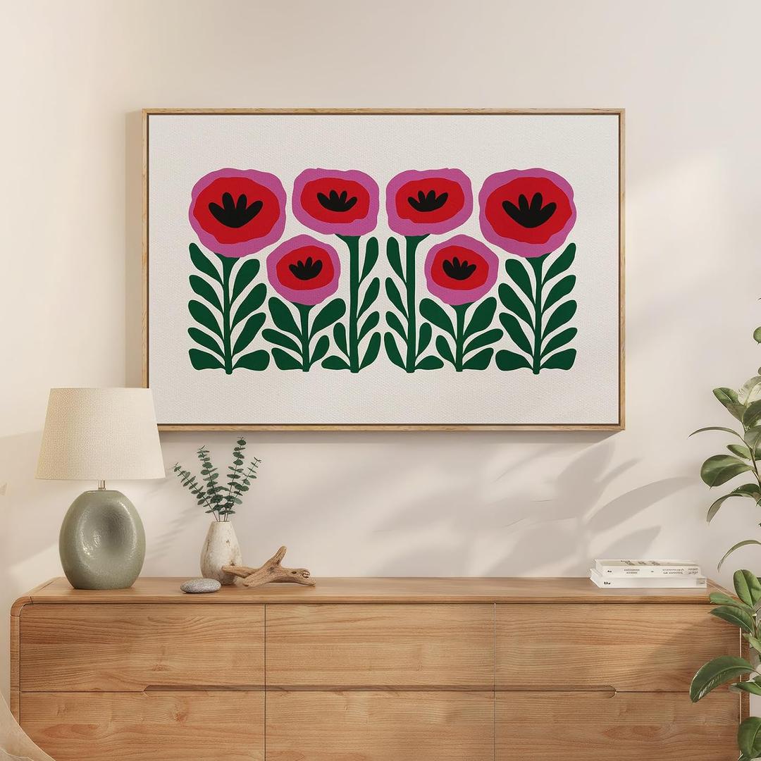 Large Framed Botanical Pink Floral Wall Art for Dining Room, 24x36 Inch
