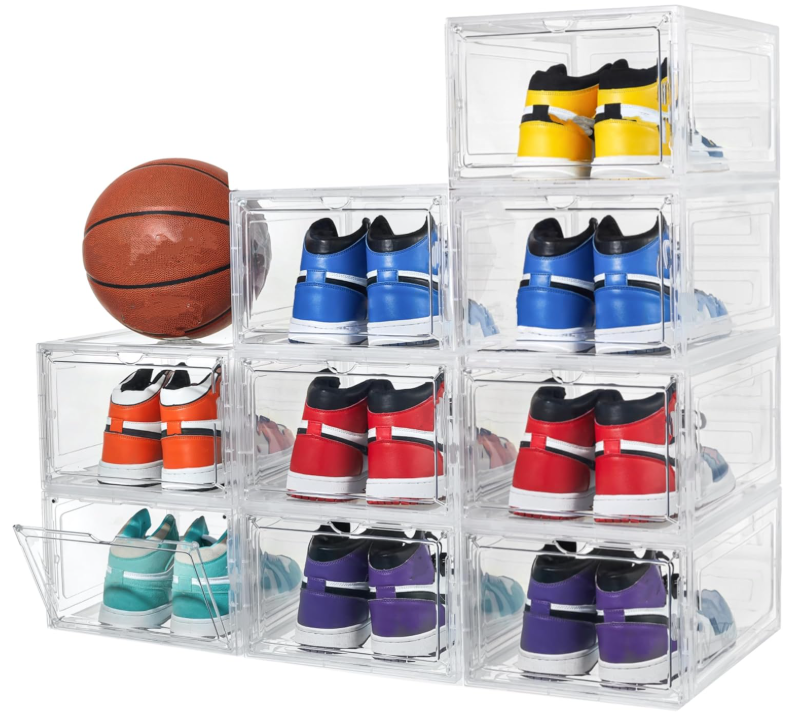 Attelite X-Large Clear Shoe Boxes Stackable Plastic Shoe Organizer ,Thicken & Sturdy Shoe Storage Box with Magnetic Door, Drop Front Shoe Box For Display Sneakers( 9 Pack, Clear White)