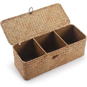 Seagrass Storage Basket with Lid Rectangular Small Woven Shelf Baskets with Sections for Organize Snack Toys Tampon (Natural 3 Sections)
